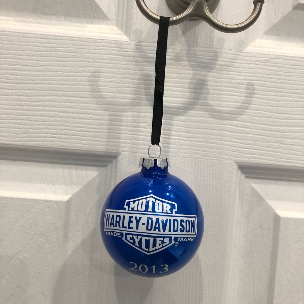 Harley Davidson Santa Christmas Ornament 2013 Hanging Blue Glass Ball Biker Xmas